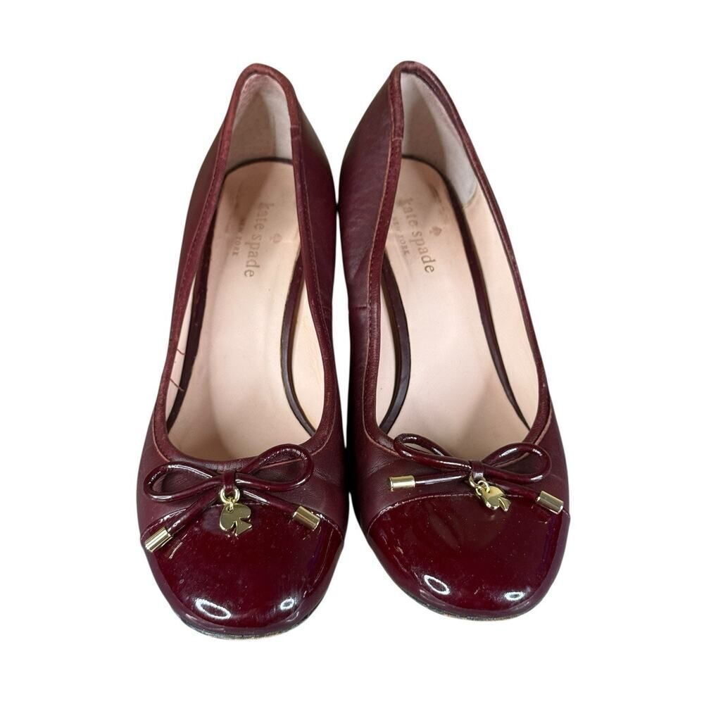 Kate Spade Wedge Heels Burgundy Leather Bow Cap Toe Shoes Size 8.5 Classic